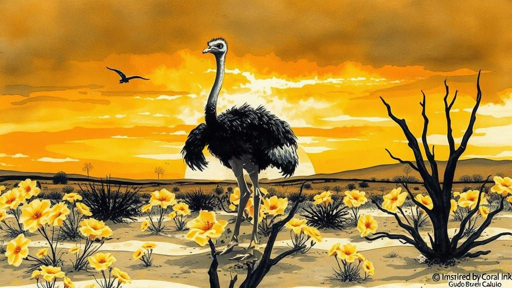 Ostrich in Desert Drought, Vibrant Alcohol Ink Painting