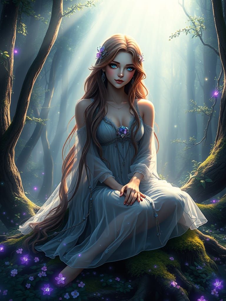 Moonlit Nymph Goddess in a Fantastical Forest