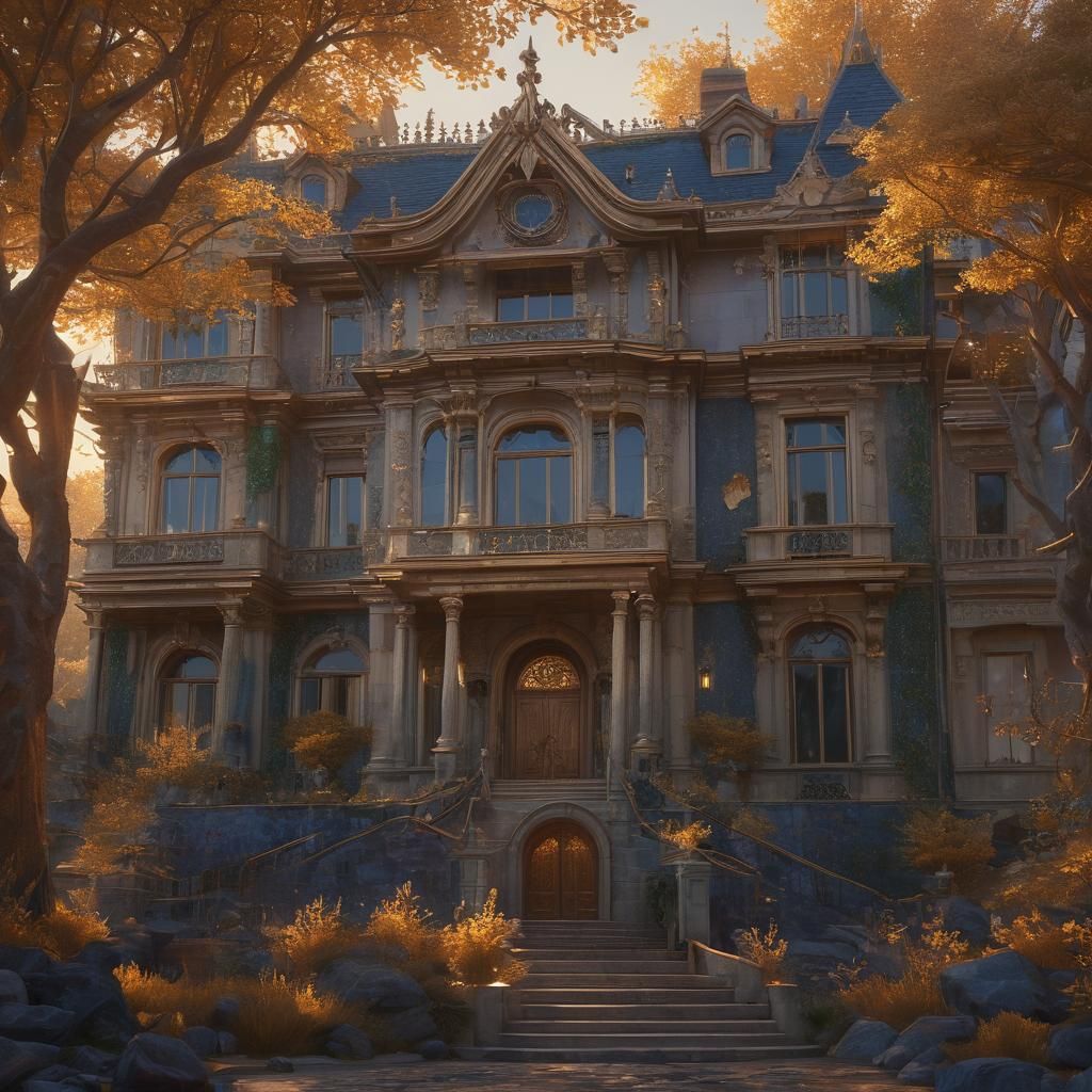 Sapphire Mansion Among Bejeweled Trees at Sunset