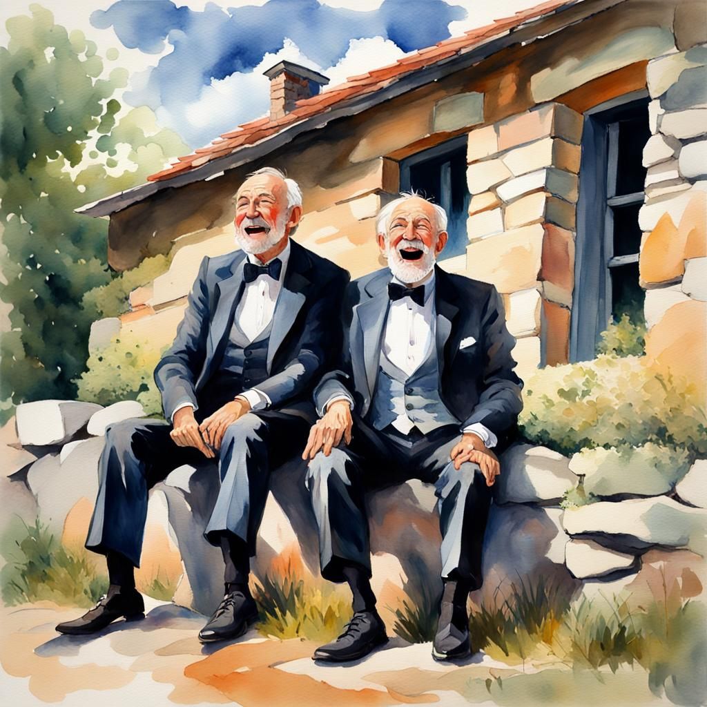 Joyful Men in Watercolor Landscape, Gouache Style