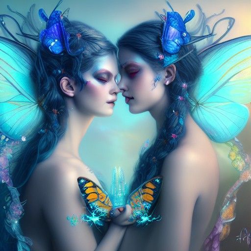 Twin Butterfly Goddesses: Digital Fairycore Art