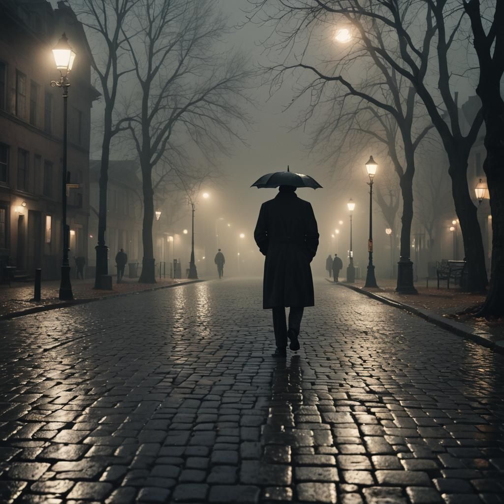 Film Noir: Figure in Fog Under Streetlamp