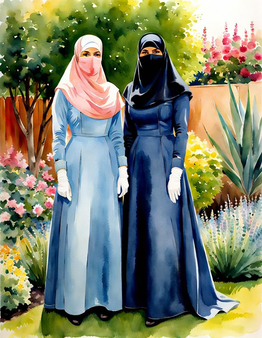 Two Niqabi Teachers Portrait in Watercolor Style