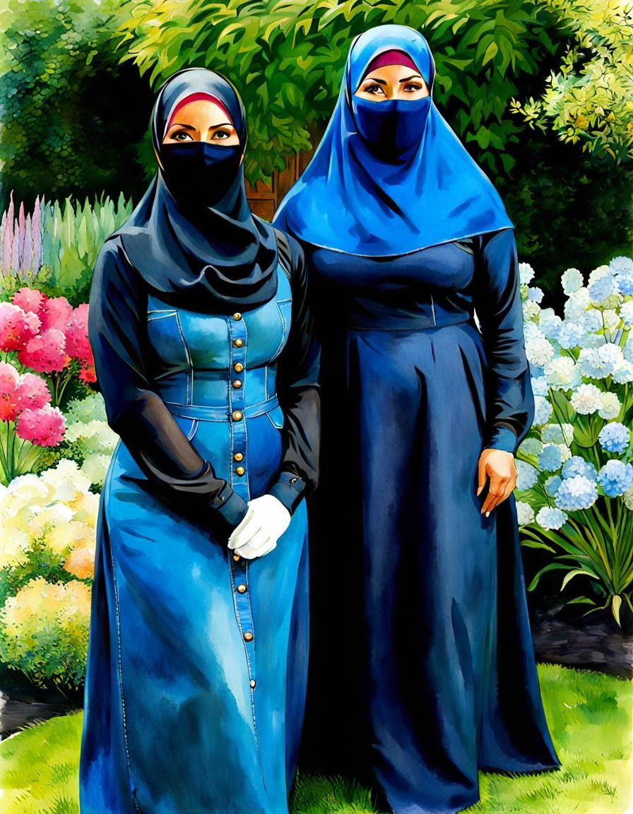 Niqabi Teachers Portrait in Vibrant Watercolor Garden