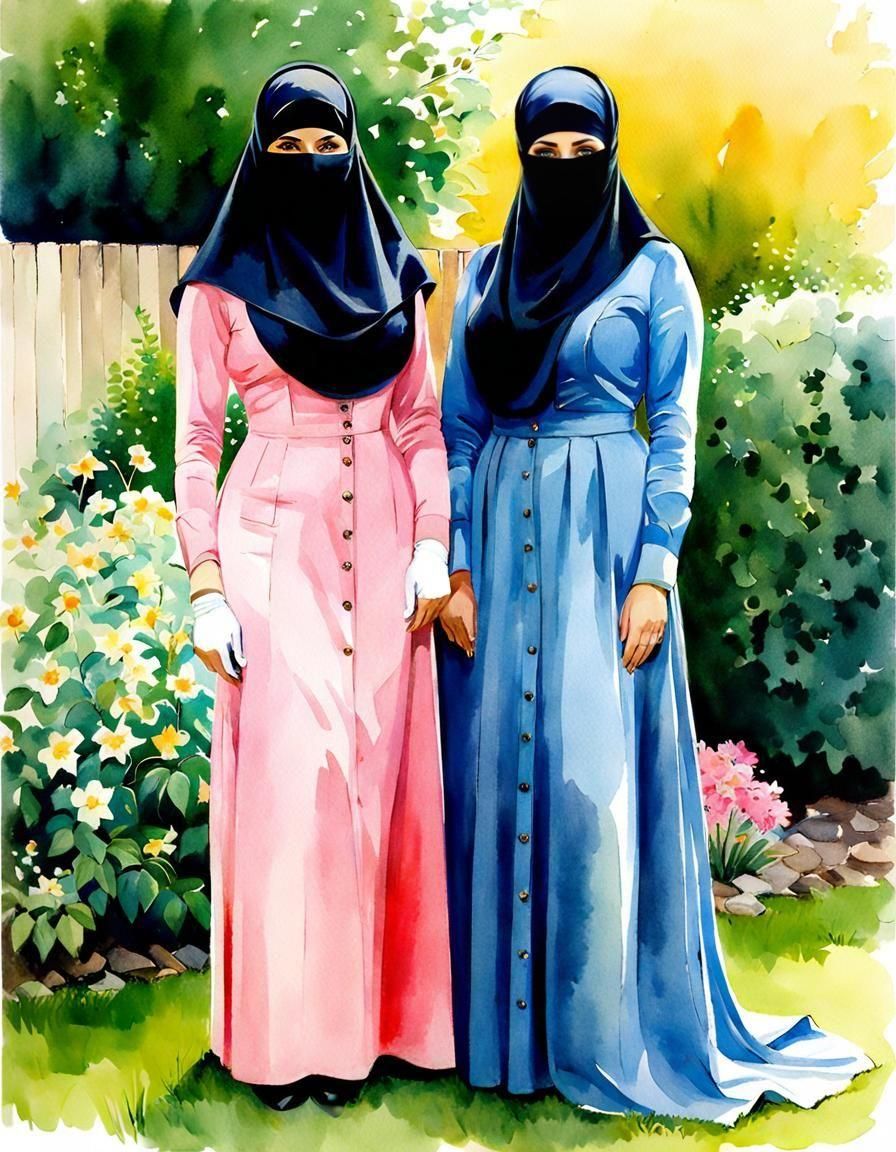 Watercolor Portrait: Two Niqabi Teachers in Garden