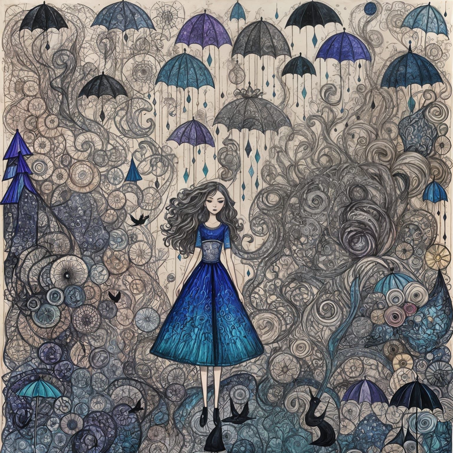 Whimsical Rainy Day Portrait in Mixed Media