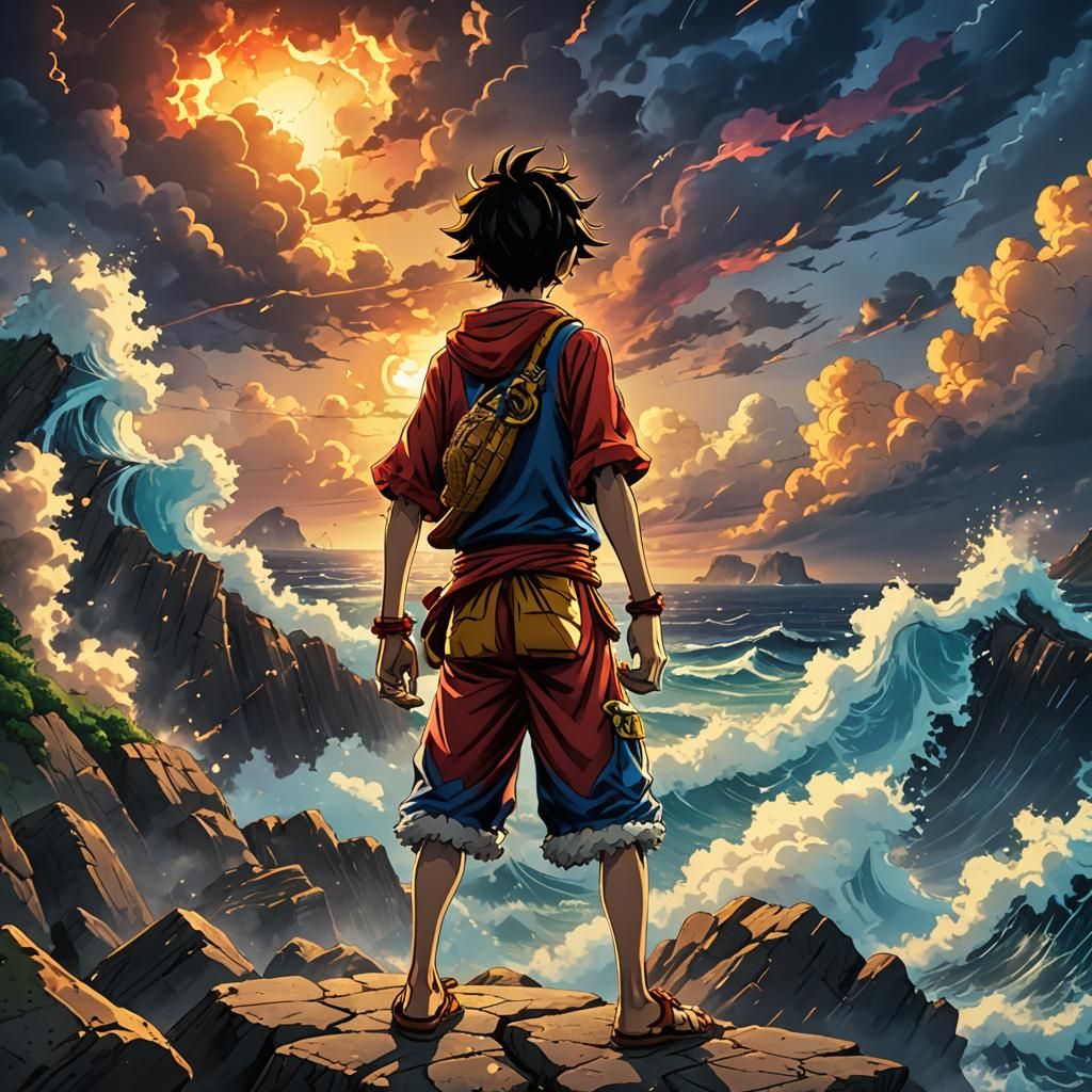 Luffy on a Cliff: Anime-Inspired Digital Art