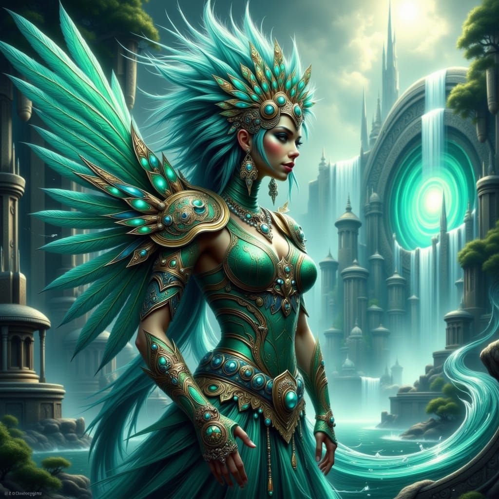 Aztec Warrior Goddess in Turquoise and Emerald Armor