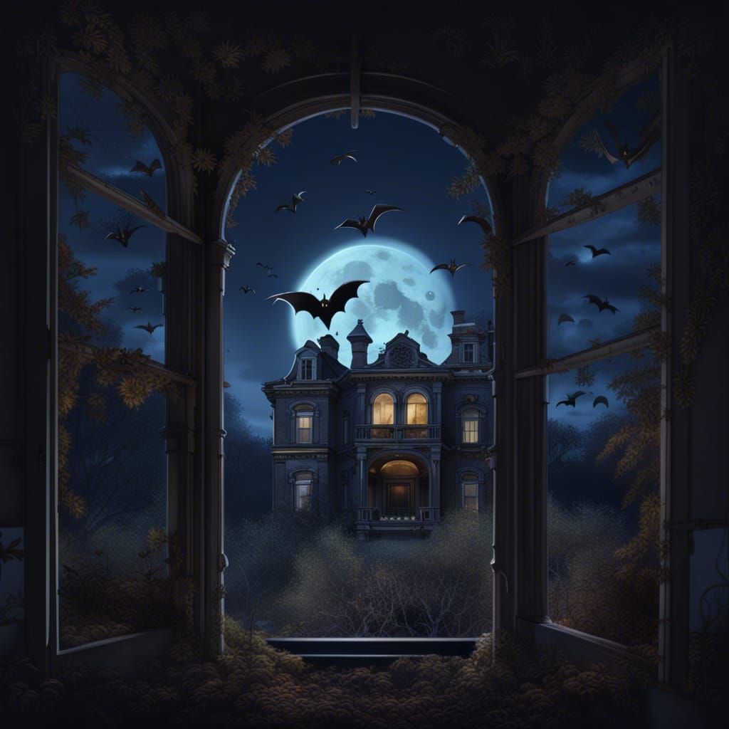 Eerie Abandoned Mansion at Night: Hyperrealistic Concept Art