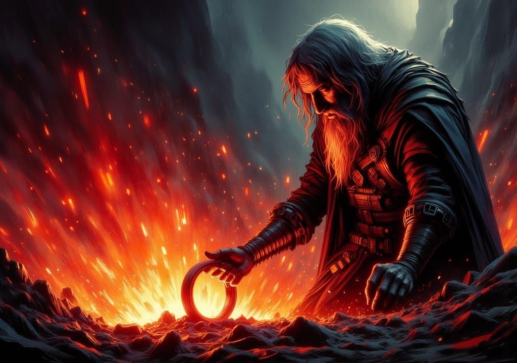 <lora:Vesania:1.0>The Dark Lord Sauron forges the One Ring (Master Ring, Ring of Power) in the fires of Mount Doom (Orod...