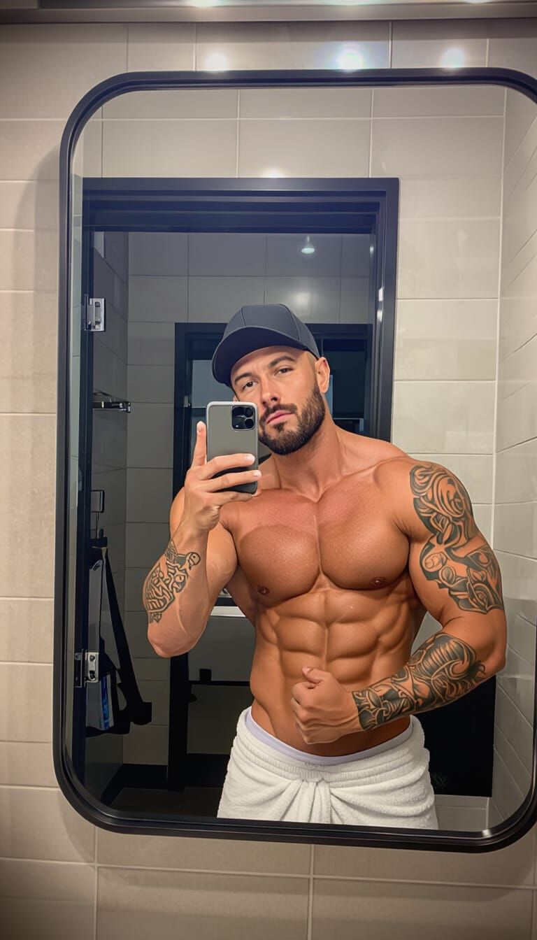 Muscular Man Flexing Biceps in Modern Bathroom