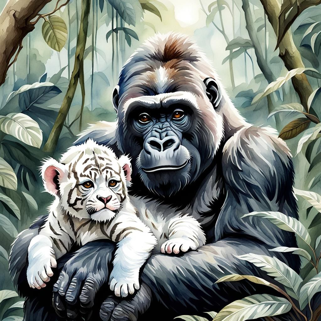 Gorilla Cuddles Tiger Cub: Watercolor Rainforest Scene