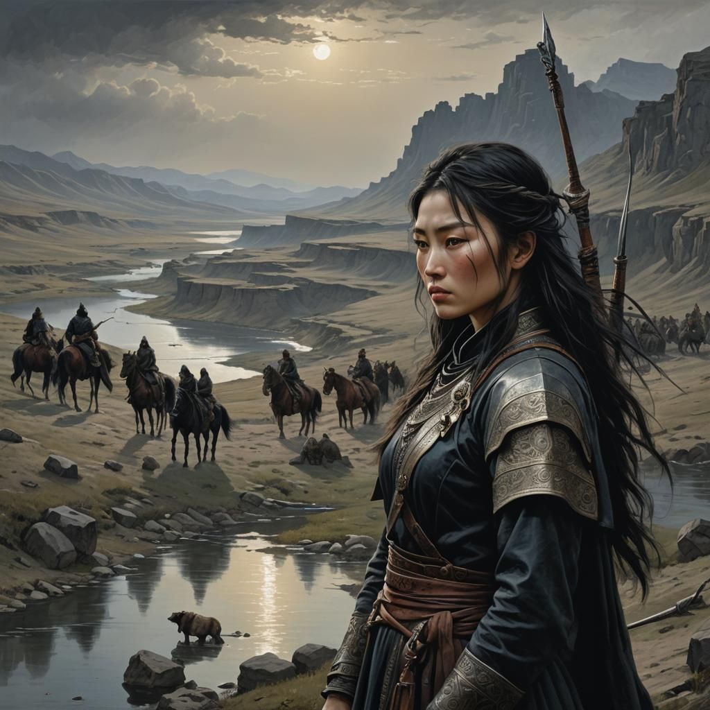 Mongolian Warrior Girl Gazing at Horizon
