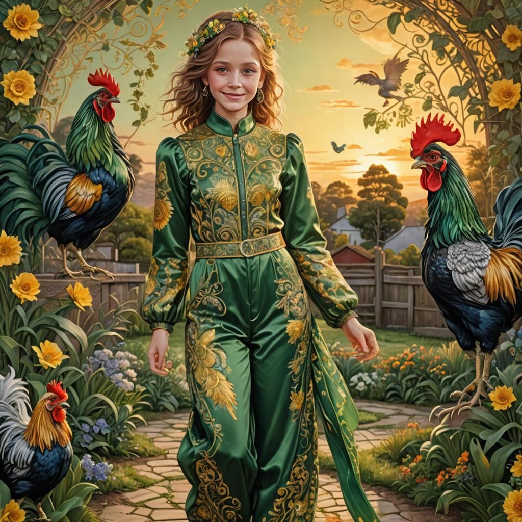 Girl with Rooster in Sparkling Jumpsuit