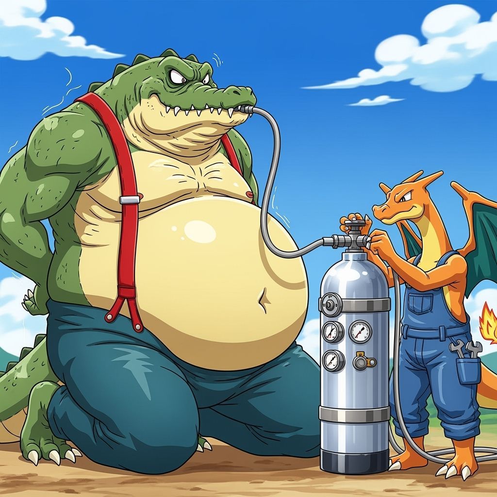 Massive Green Crocodile Kneeling with Air Tank & Charizard
