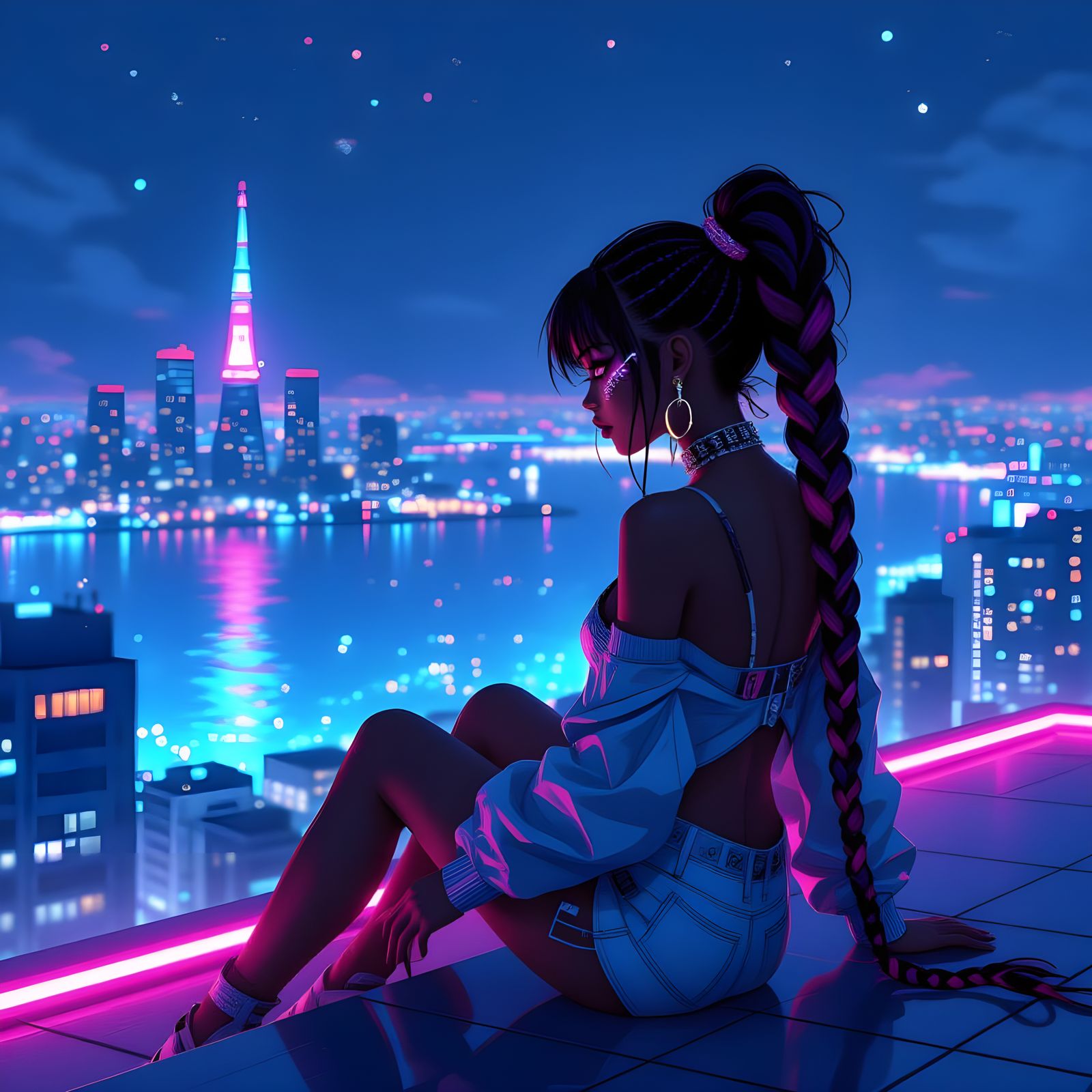 Gyaru Girl in Futuristic Tokyo, Anime Style