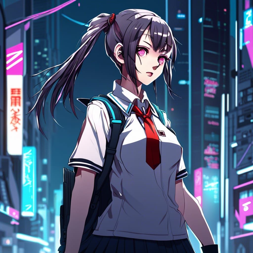 Cyberpunk Schoolgirl in Anime Key Visual Style