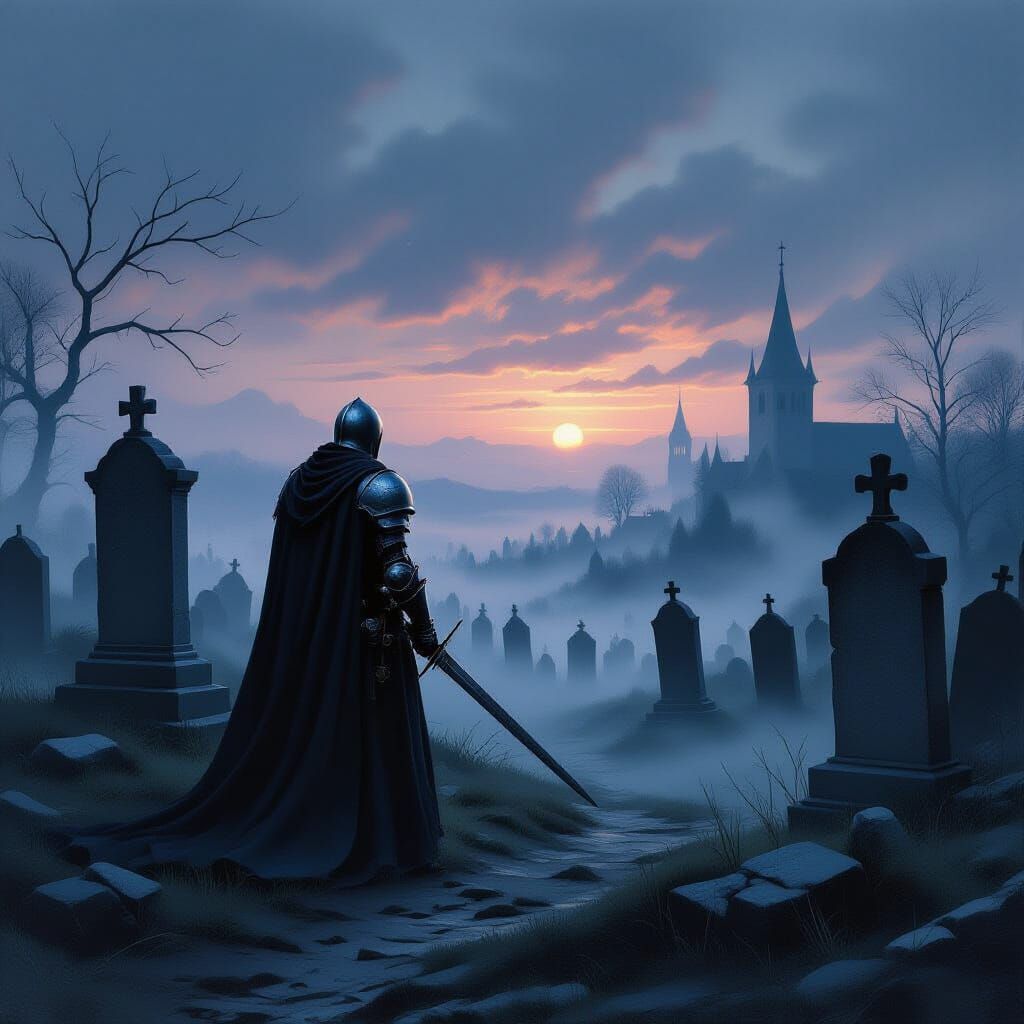 Knight in Desolate Graveyard at Twilight Oil Painting