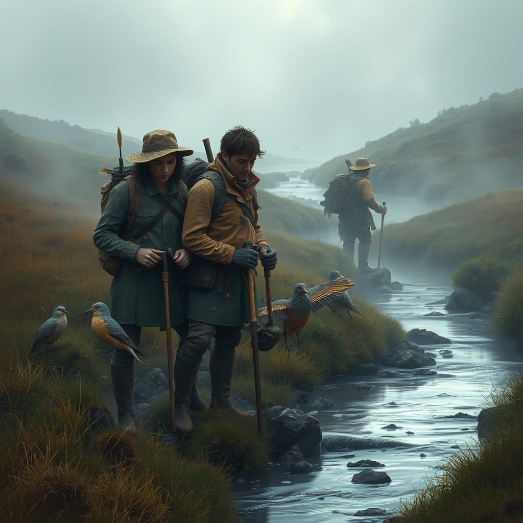Misty Moorland Explorers in Fantasy Concept Art Style