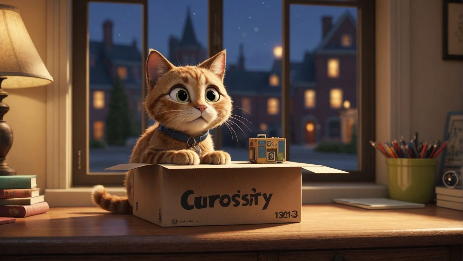 Mischievous Cat and Glowing Box in Pixar Style