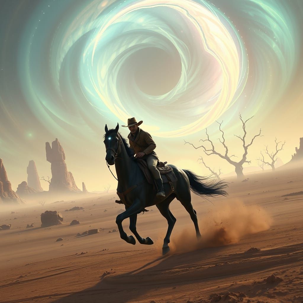 Glowing Pony Express Rider in a Futuristic, Alien Landscape