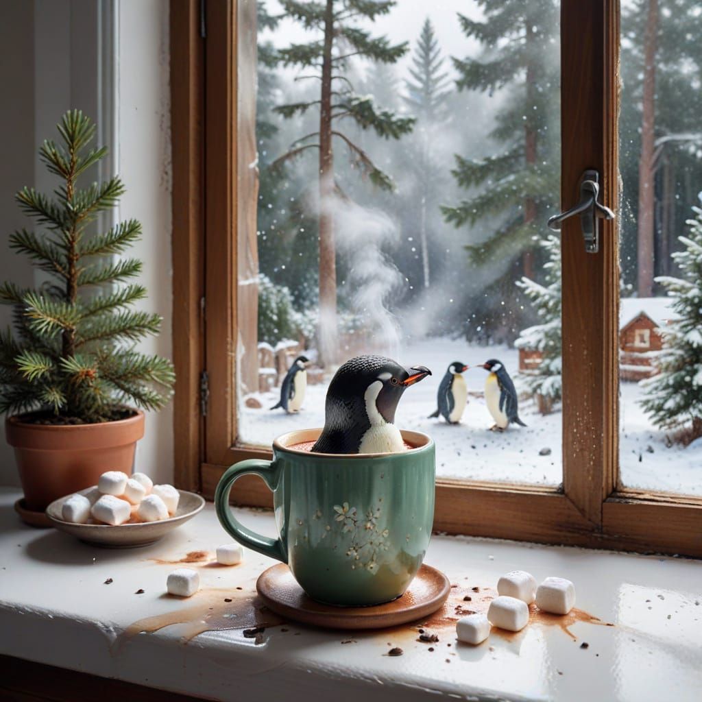 Woman Enjoys Hot Cocoa by Snowy Window in Watercolour