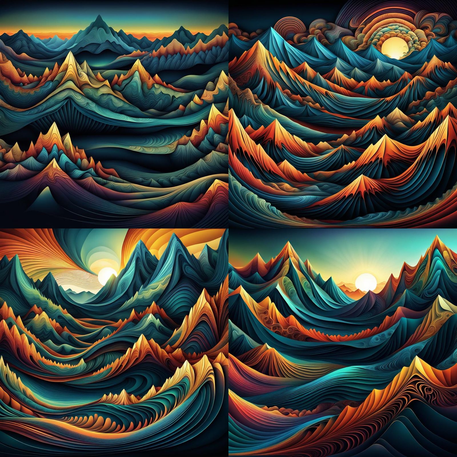 Abstract Fractal Sunrise Over Mountains with Zentangle