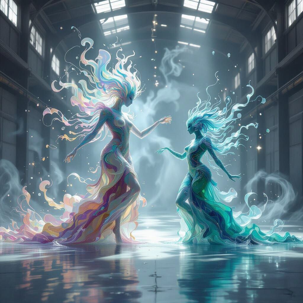Mythological Liquid Creatures Dancing in Surreal Dreamscape