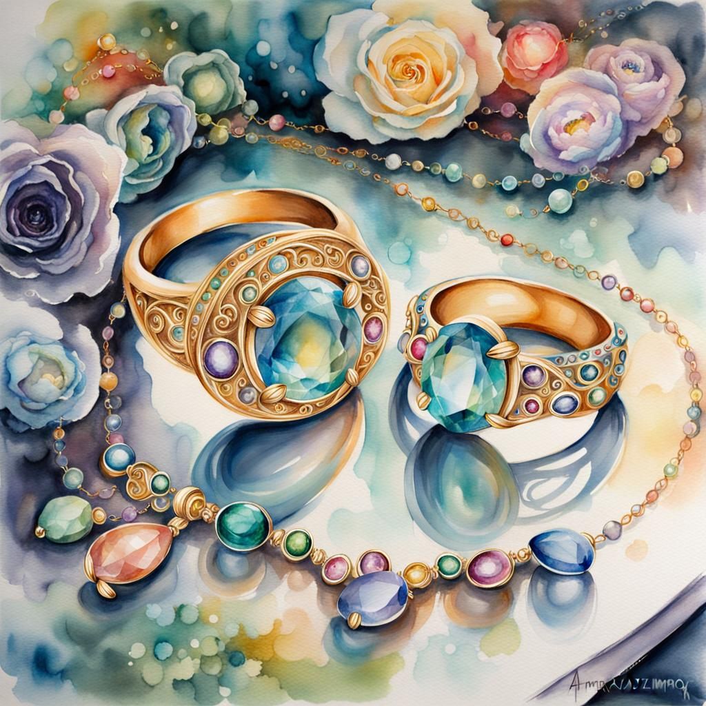 Rings and Necklace in Watercolour Fantasy Style