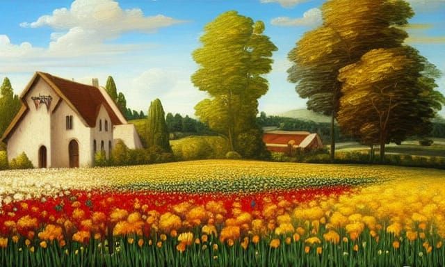 Renaissance Cottage Amidst Flower Field, Oil Painting