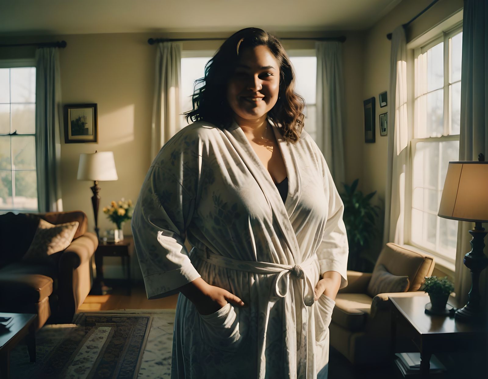 A Chubby Female in Morning Light, Standing in a Cozy Living ...