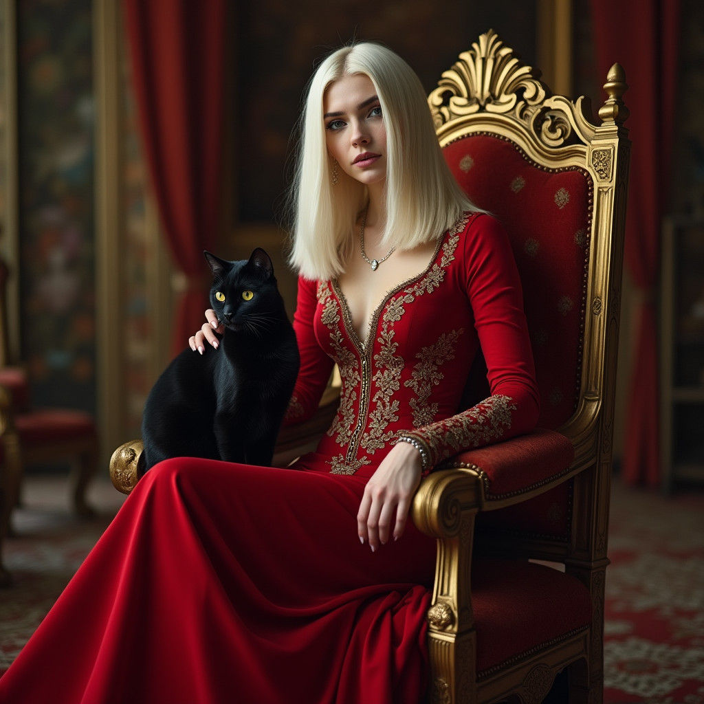 Elegant Woman on Throne in Red Gown