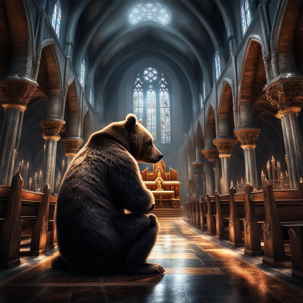 Hyperrealistic Bear Praying in Church Concept Art