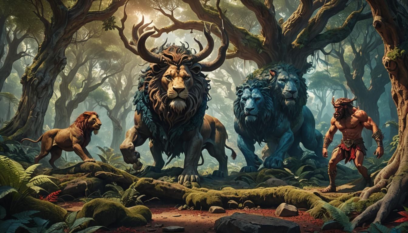 Mythological Creatures in Ancient Forest: Fantasy Art