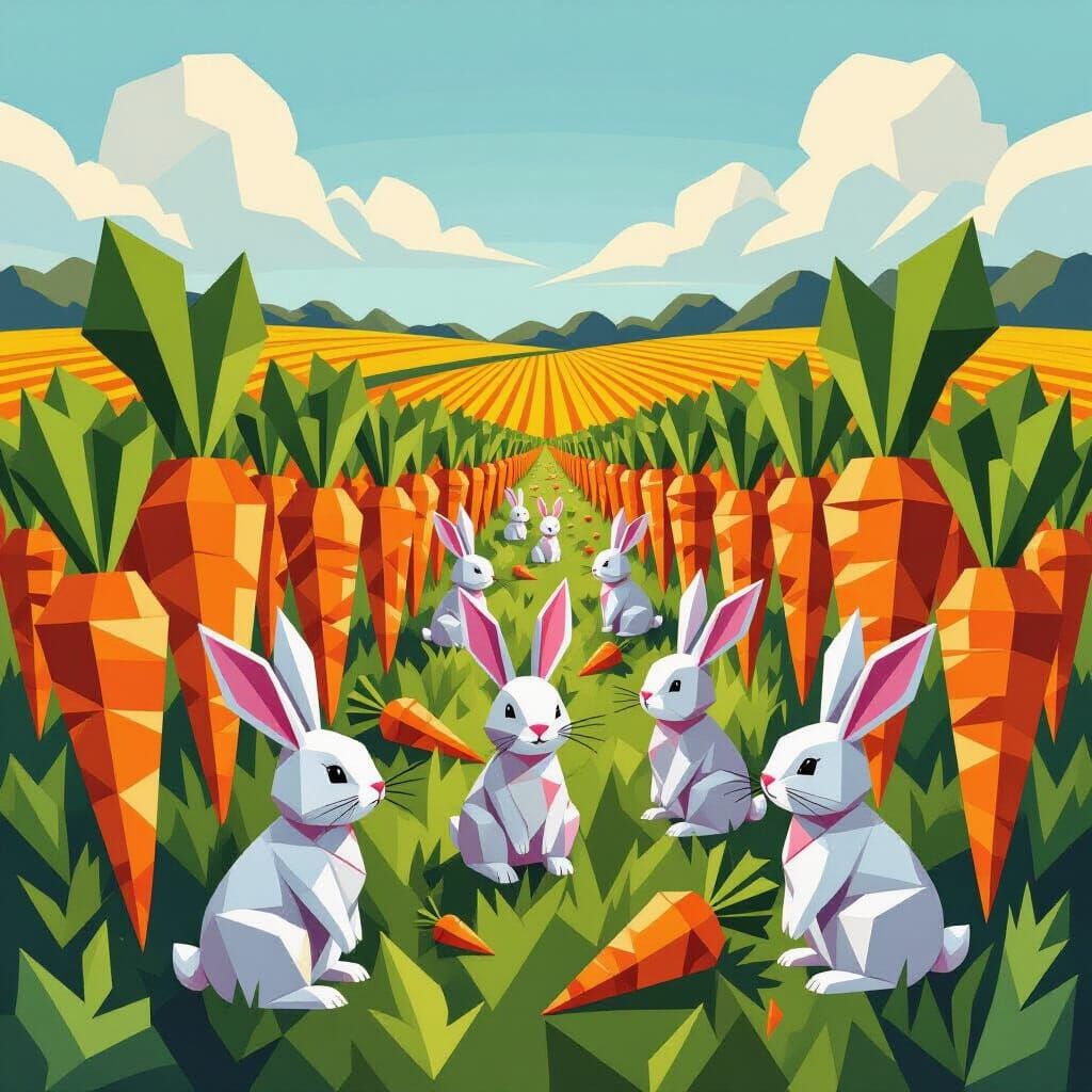 Vibrant Cubist Painting of Geometric Paper Rabbits and Carro...