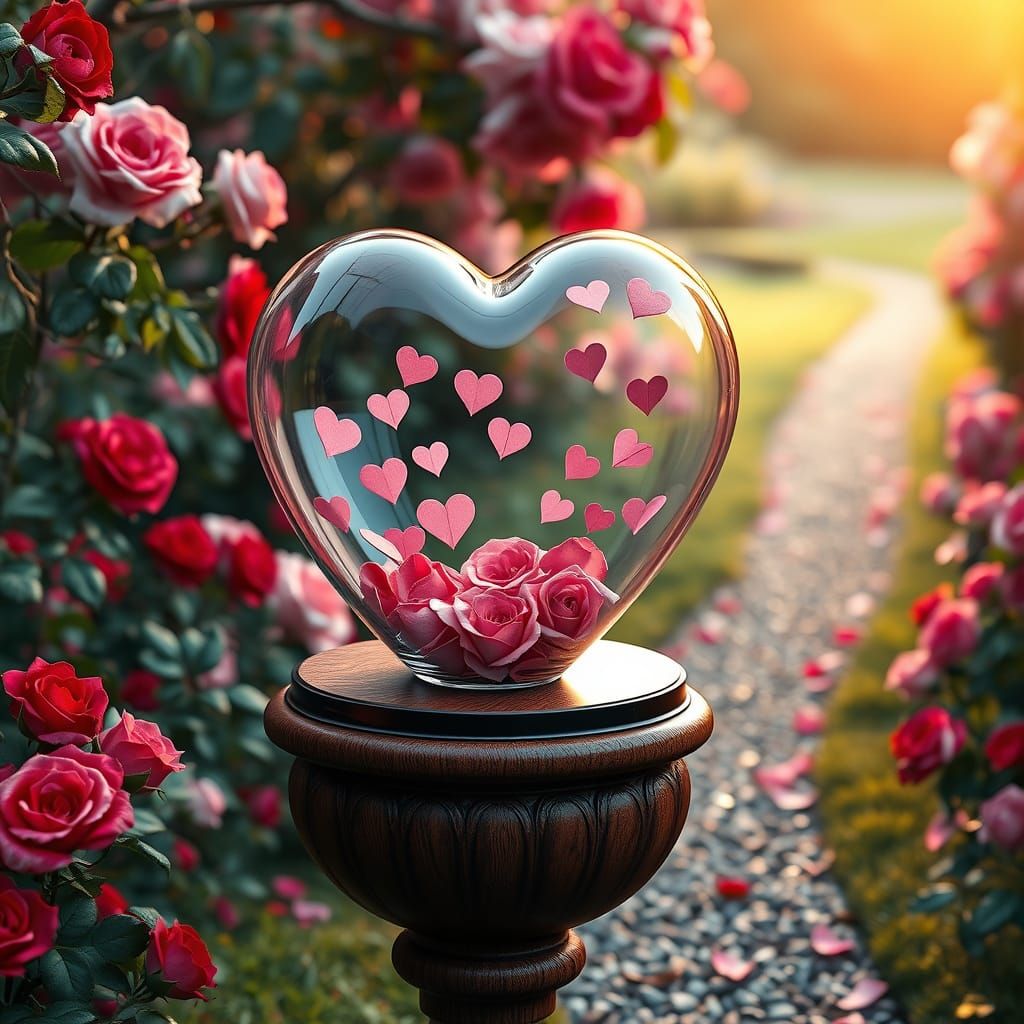 Romantic Garden Scene with Heart-Shaped Vessel