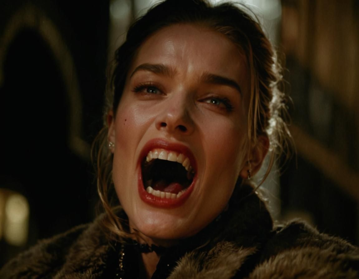 Vampire Portrait in Dark Alleyway with Gleaming Fangs