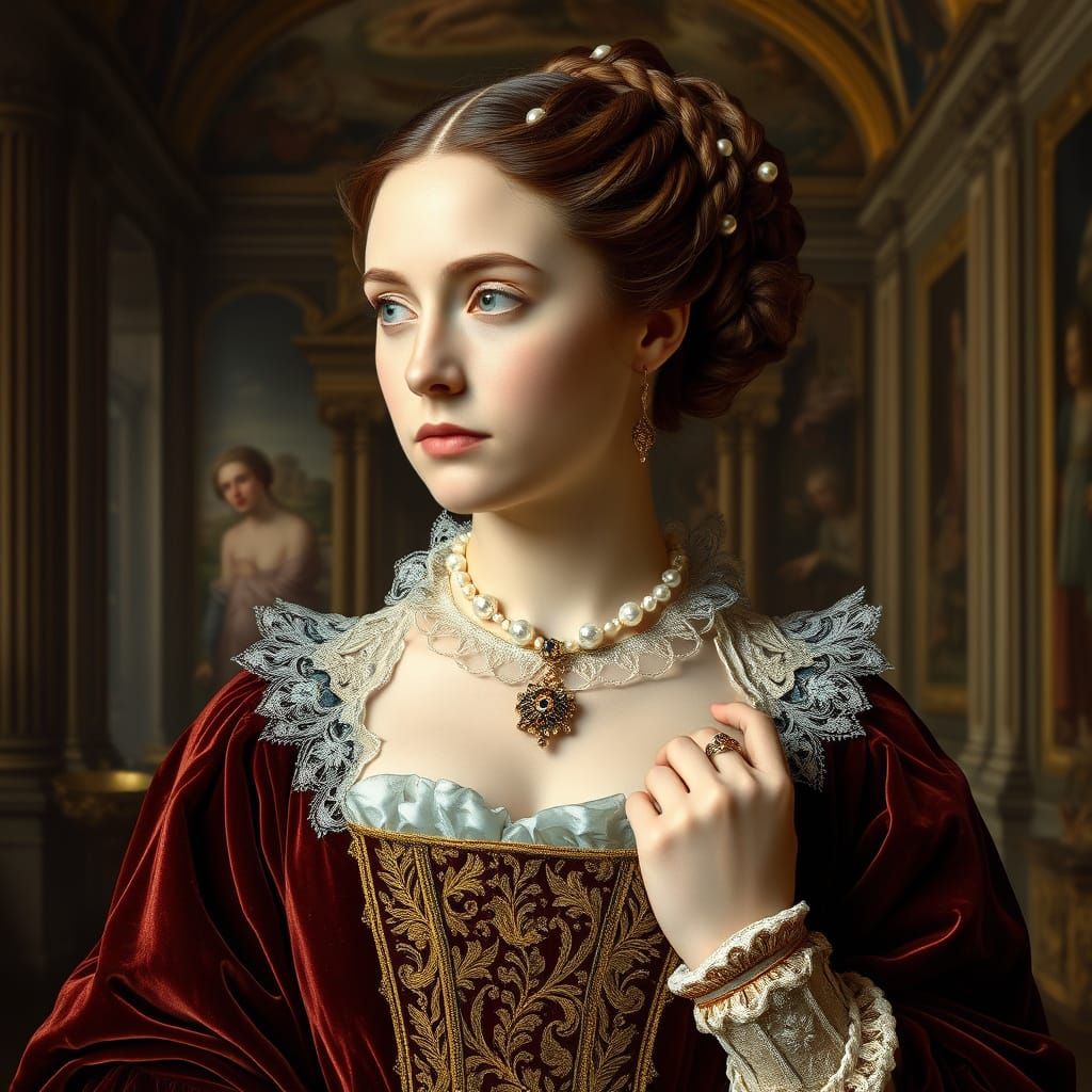 Renaissance Lady in Velvet Gown: Oil Painting