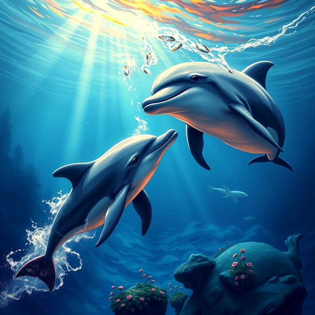 Diver and Dolphin Encounter in Cosmic Surrealism