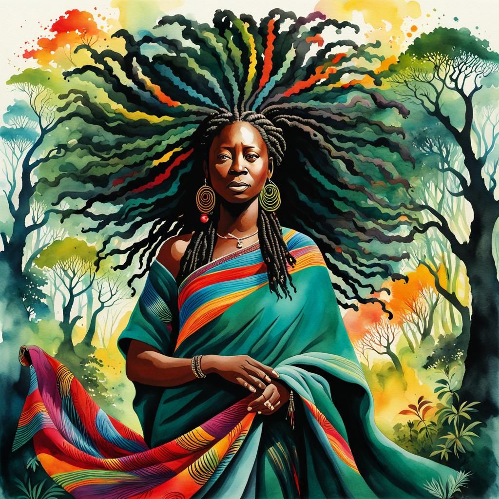 Wangari Maathai Portrait as Watercolor Forest