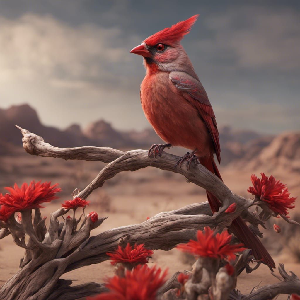 Desert Cardinal Among Desert Flowers in Detailed Matte Paint...