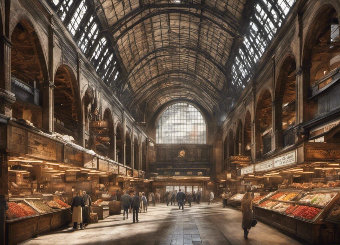Epic Interior of Bustling Marketplace as Digital Painting