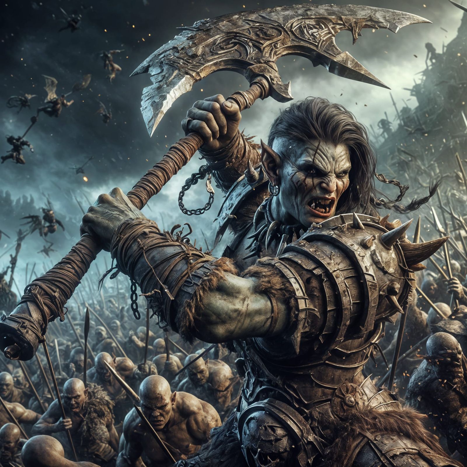 Brutish Orc Warrior in Epic Hyperrealistic Battle Scene
