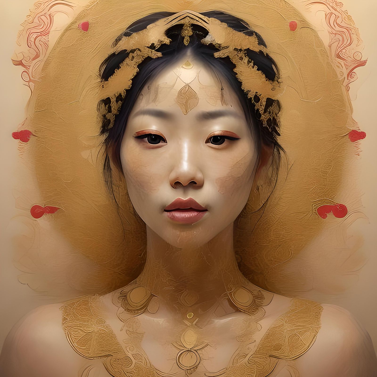 Meditating Woman in Pointillism Style with Golden Light