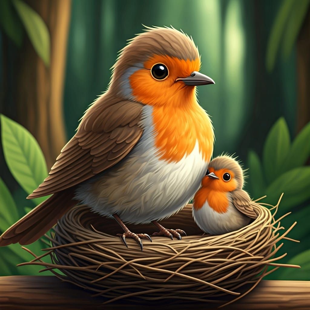 Whimsical Robin Family in Lush Forest