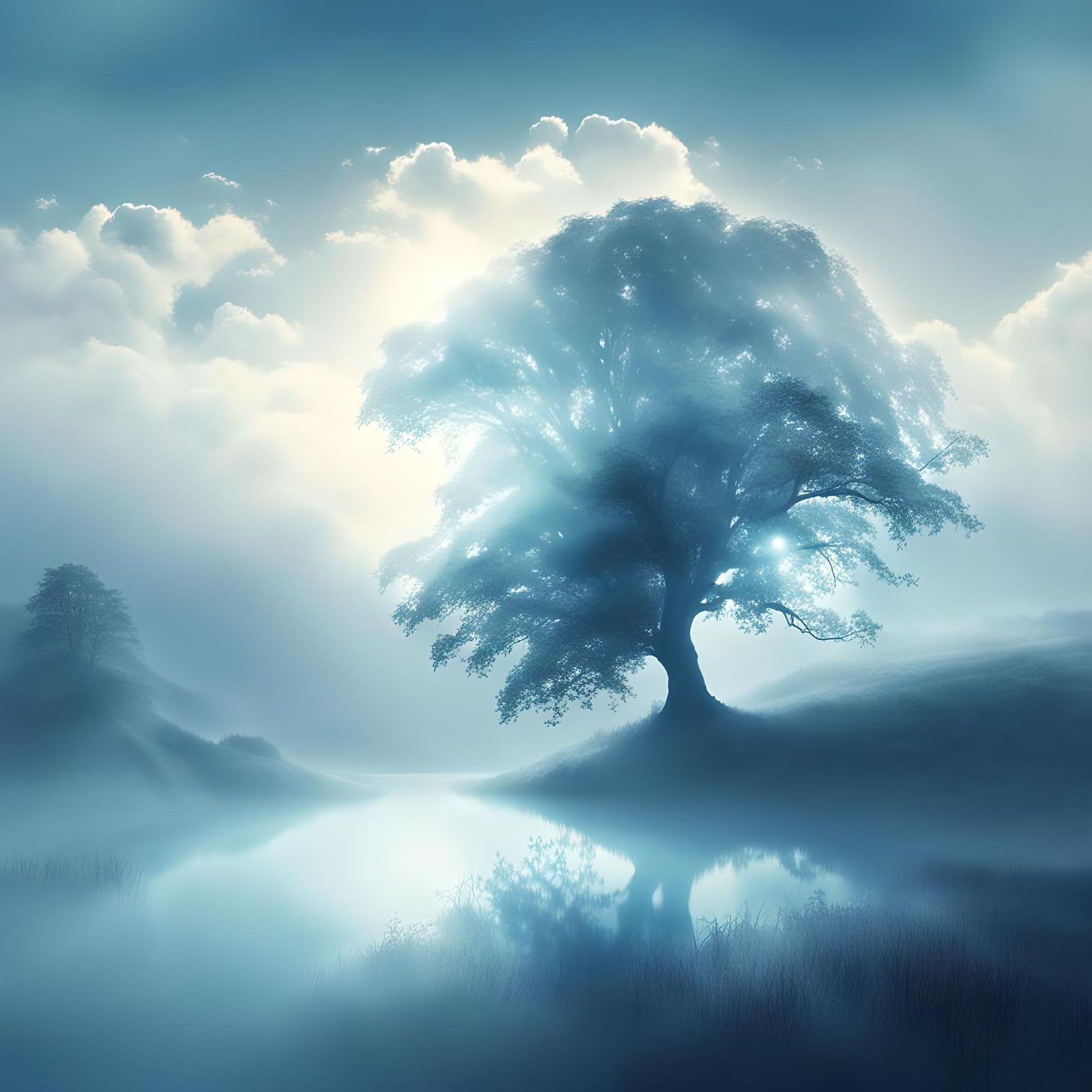 Ethereal Blue Landscape with Sunshine Beams