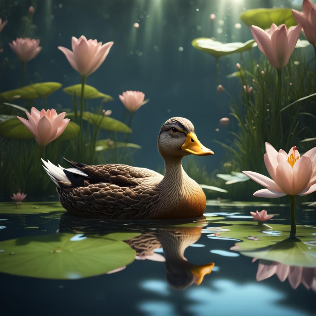 Cute Duck Swimming in Lily Pad Pond
