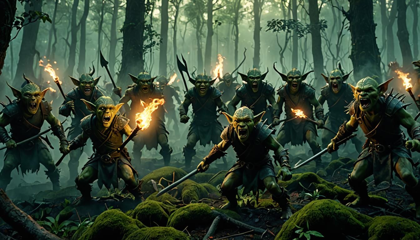 Goblin Tribe Battle in Misty Forest, Hyperrealistic Digital ...