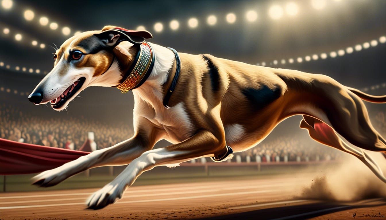 Greyhound Dogs Compete in Dog Olympics as Oil Painting