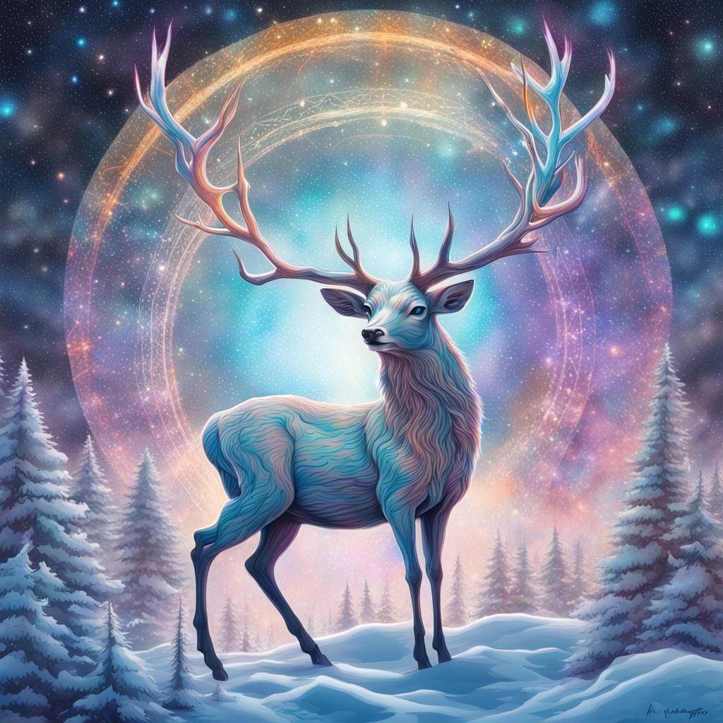 Cosmic Deer Spirit in Snow, Holographic Illustration
